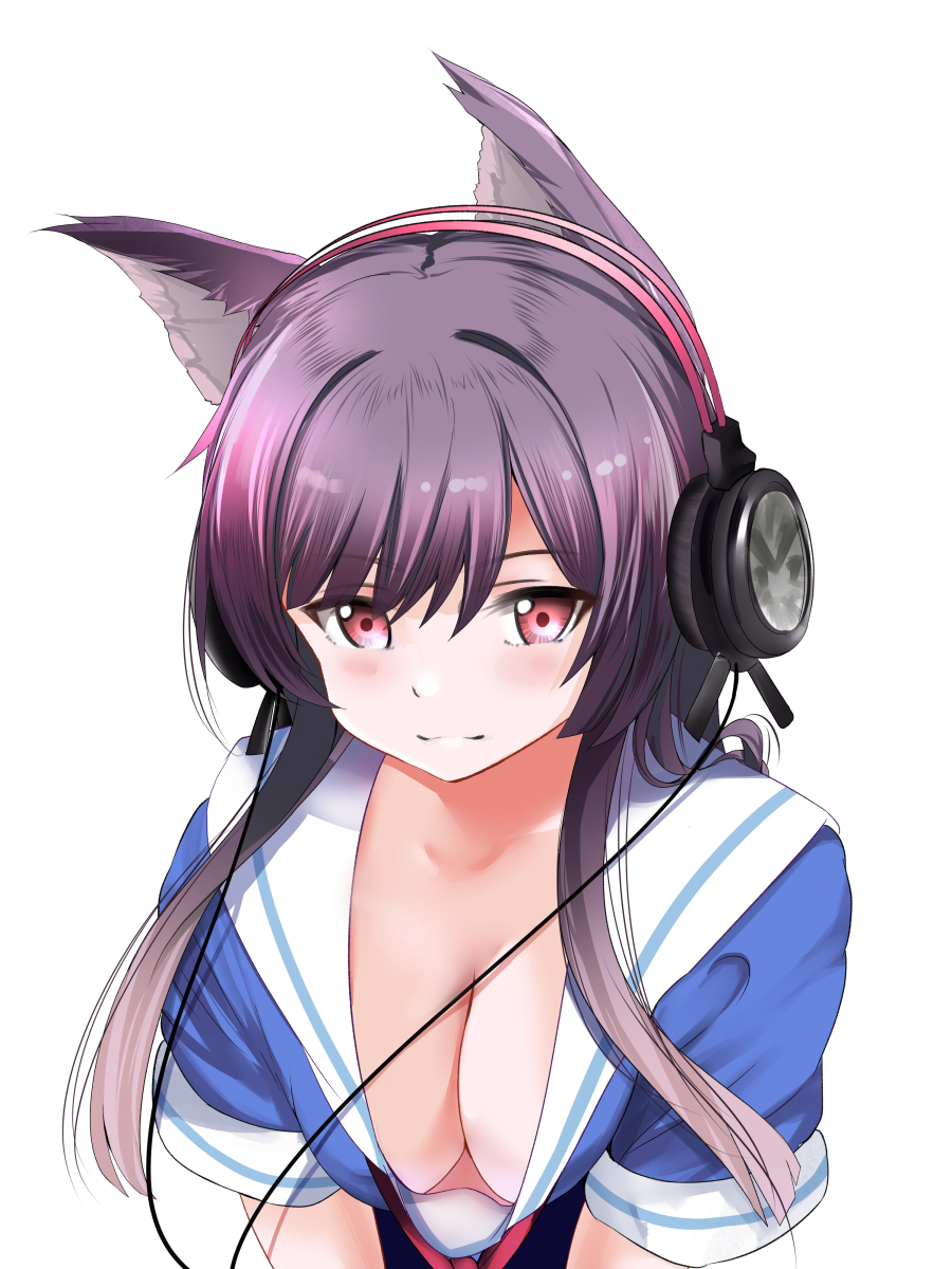 1girl animal_ears ashigara_(azur_lane) azur_lane black_hair blue_shirt breasts cleavage headphones highres large_breasts long_hair looking_at_viewer no_bra red_eyes sailor_collar school_uniform schreibe_shura serafuku shirt short_sleeves simple_background solo upper_body white_background wolf_ears