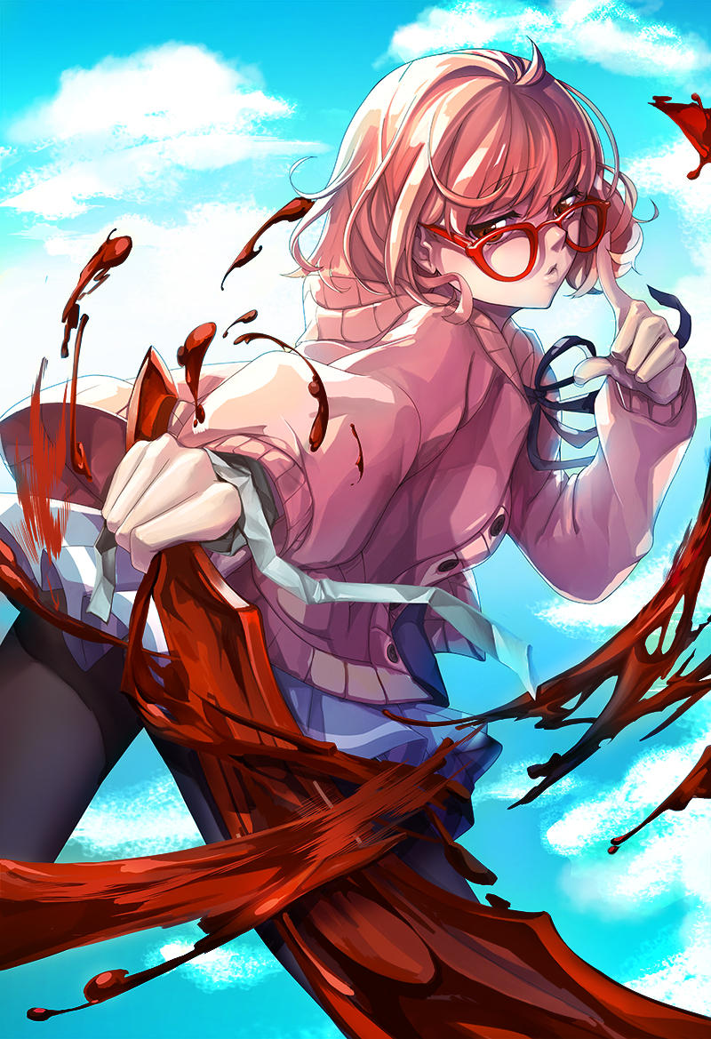 1girl adjusting_eyewear bangs black_legwear blood blood_sword blue_sky bob_cut cardigan clouds commentary english_commentary glasses hemokinesis holding holding_sword holding_weapon kuriyama_mirai kyoukai_no_kanata open_cardigan open_clothes pantyhose pleated_skirt red-framed_eyewear school_uniform short_hair skirt sky sword weapon yume_ou