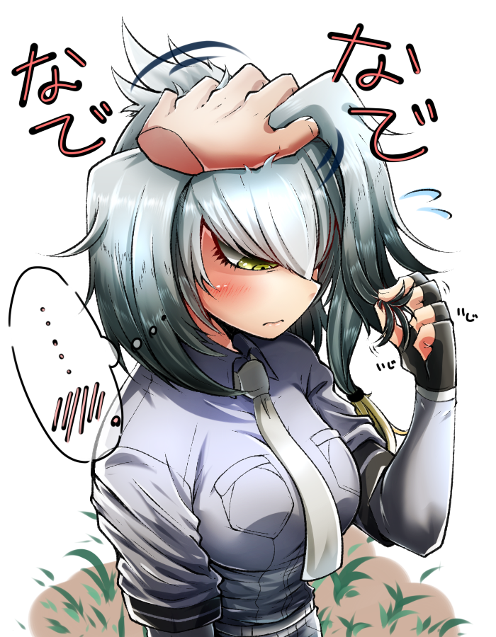 ... 1girl 1other arm_at_side bangs black_gloves black_hair blonde_hair blush breast_pocket closed_mouth collared_shirt commentary_request disembodied_limb embarrassed fingerless_gloves flying_sweatdrops gloves gradient_hair grey_neckwear grey_shirt hair_intakes hair_tousle hand_on_another's_head hand_up kemono_friends long_hair long_sleeves looking_down low_ponytail multicolored_hair necktie neshia_(tsaqif0309) petting pocket ringed_eyes shiny shiny_hair shirt shoebill_(kemono_friends) short_over_long_sleeves short_sleeves side_ponytail silver_hair solo_focus sound_effects thought_bubble upper_body wing_collar yellow_eyes