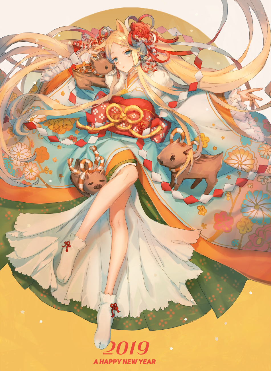 1girl 2019 animal animal_ears asuda bangs blonde_hair blue_eyes blue_kimono boar chinese_zodiac closed_mouth commentary_request forehead full_body fur_collar happy_new_year head_tilt highres japanese_clothes kimono long_sleeves lying new_year no_shoes obi on_back original parted_bangs sash sleeves_past_wrists socks solo tabi white_legwear wide_sleeves year_of_the_pig