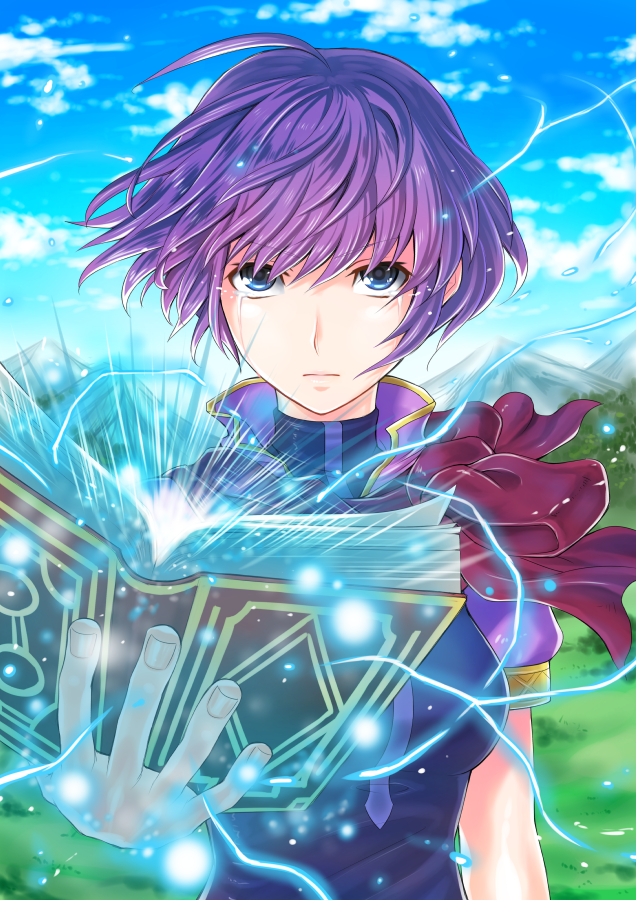 1girl blue_eyes blue_sky book breasts day electricity fire_emblem:_shin_monshou_no_nazo floating_hair holding katarina_(fire_emblem) looking_at_viewer medium_breasts open_book outdoors purple_hair purple_ribbon purple_shirt ribbon shirt short_hair short_sleeves sky solo soyo2106 upper_body