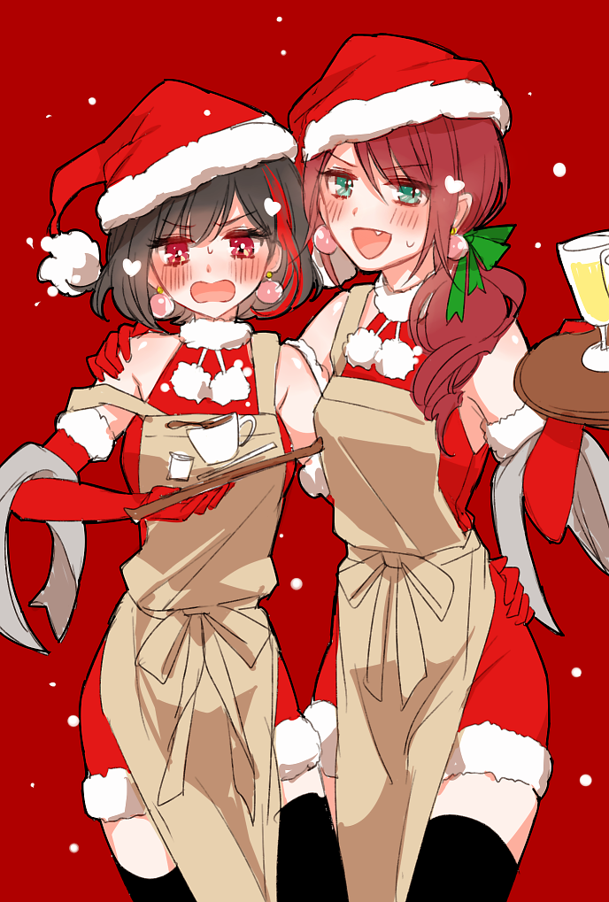 2girls :d apron arm_around_shoulder arm_around_waist bang_dream! bangs black_hair blush bow brown_apron chino_machiko christmas creamer_(vessel) cup dress earrings fang fur-trimmed_dress gloves green_eyes green_ribbon hair_over_shoulder hair_ribbon hat heart holding holding_tray jewelry long_hair looking_at_viewer mitake_ran multicolored_hair multiple_girls open_mouth pom_pom_(clothes) ponytail red_bow red_dress red_gloves redhead ribbon santa_costume santa_hat saucer short_hair sleeveless sleeveless_dress smile snowing strap_slip streaked_hair sweatdrop teacup towel tray udagawa_tomoe violet_eyes waitress