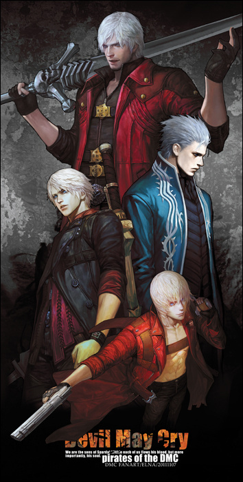 4boys belt belt_buckle black_gloves blue_coat blue_eyes bracelet buckle clenched_hand coat dante_(devil_may_cry) devil_may_cry devil_may_cry_3 devil_may_cry_4 dual_wielding elna fingerless_gloves gloves grey_hair gun handgun holding holding_gun holding_sword holding_weapon jewelry multiple_boys nero_(devil_may_cry) over_shoulder parted_lips pistol red_coat shirtless short_hair silver_hair skull sleeves_rolled_up standing sword vergil weapon weapon_over_shoulder white_hair zipper zipper_pull_tab