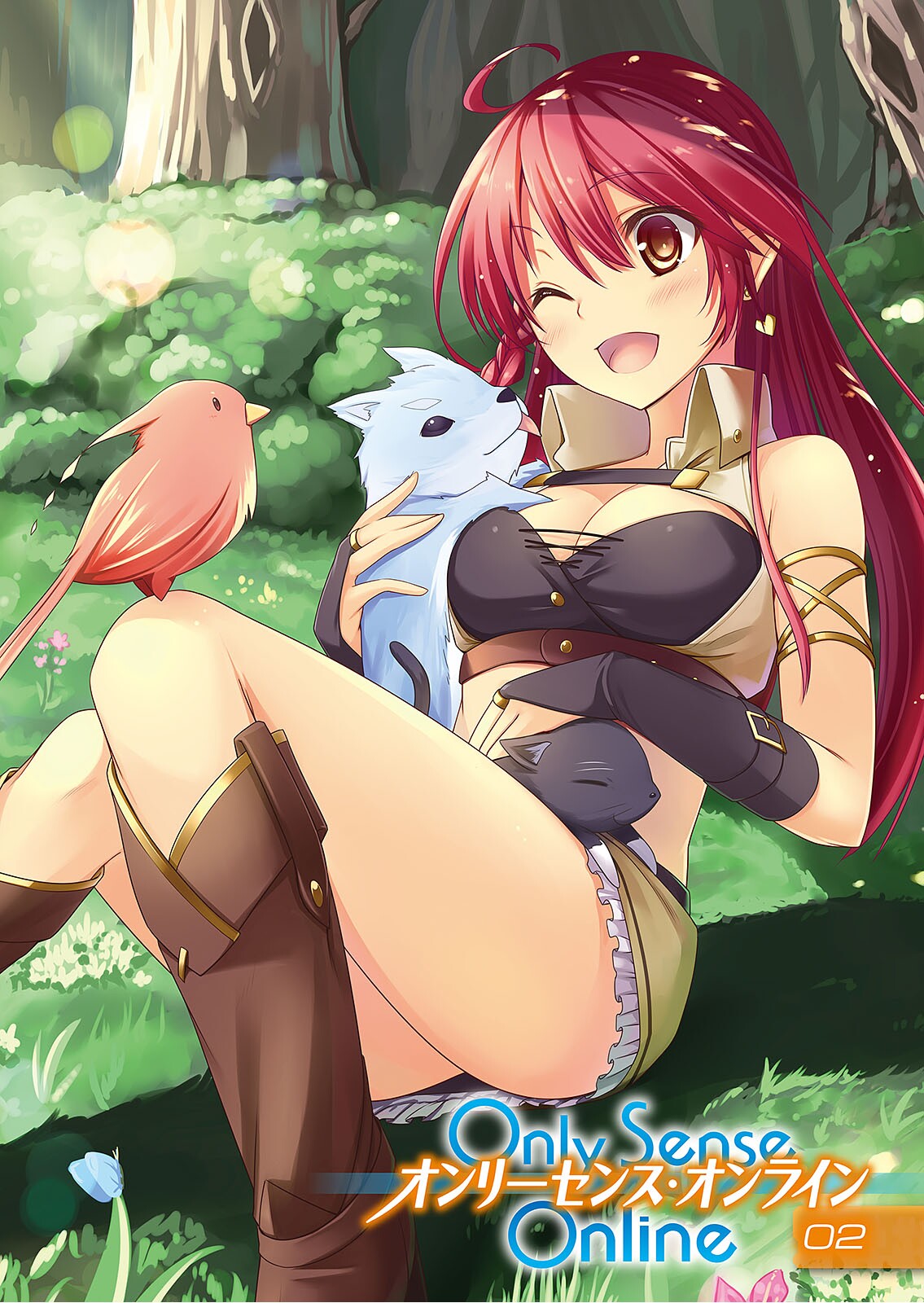 1girl ;d ahoge animal bird_on_leg blush boots breasts bridal_gauntlets brown_eyes brown_footwear brown_skirt cat_on_lap cleavage copyright_name day forest frilled_skirt frills hair_between_eyes highres knee_boots long_hair magi_(only_sense_online) medium_breasts miniskirt nature novel_illustration official_art one_eye_closed only_sense_online open_mouth outdoors pencil_skirt redhead sitting skirt smile solo yukichin