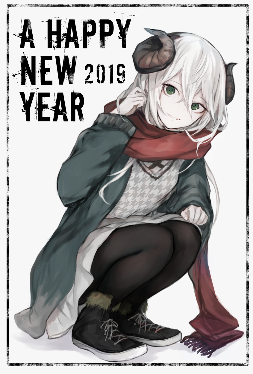 1girl 2019 bangs black_footwear black_legwear commentary_request curled_horns eyebrows_visible_through_hair fringe_trim full_body fur-trimmed_boots fur_trim green_eyes green_jacket hair_between_eyes hand_up happy_new_year hasunokaeru highres horns jacket long_hair long_sleeves looking_at_viewer new_year open_clothes open_jacket original pantyhose parted_lips pleated_skirt red_scarf scarf skirt smile solo squatting very_long_hair white_hair white_skirt