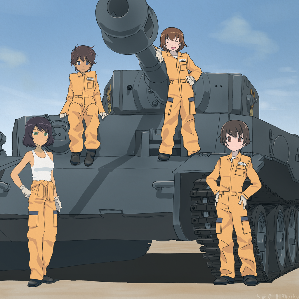 4girls :d akagi_(fmttps) arm_support bangs black_footwear blue_eyes blue_sky brown_eyes brown_hair closed_eyes closed_mouth clothes_around_waist clouds cloudy_sky commentary_request dark_skin day emblem eyebrows_visible_through_hair freckles girls_und_panzer gloves green_eyes ground_vehicle hand_on_hip hands_on_hips hoshino_(girls_und_panzer) jumpsuit leopon_(animal) light_smile long_sleeves looking_at_viewer mechanic military military_vehicle motor_vehicle multiple_girls nakajima_(girls_und_panzer) open_mouth orange_jumpsuit shadow shirt shoes short_hair sitting sky smile standing suzuki_(girls_und_panzer) tank tank_top tied_shirt tiger_(p) tsuchiya_(girls_und_panzer) twitter_username uniform white_gloves white_shirt