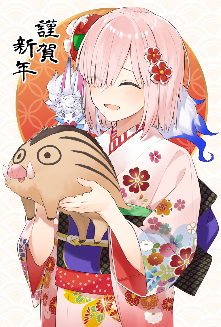 1girl :d ^_^ animal bangs blush boar carrying chinese_zodiac closed_eyes commentary_request eyebrows_visible_through_hair fate/grand_order fate_(series) floral_print flower fou_(fate/grand_order) gradient gradient_background hair_flower hair_ornament hair_over_one_eye hands_up happy_new_year hayashi_kewi japanese_clothes kimono long_sleeves mash_kyrielight new_year obi open_mouth pink_hair pink_kimono print_kimono red_flower sash seigaiha short_hair smile translated upper_body white_background wide_sleeves