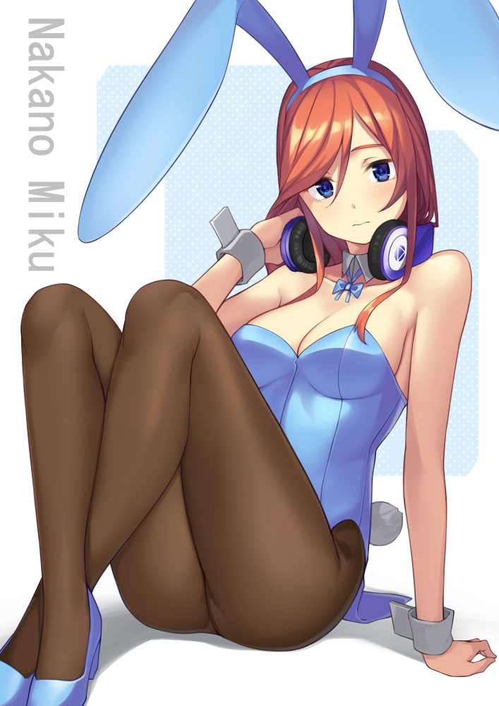 1girl 3: animal_ears arm_support ass bangs bare_shoulders black_legwear blue_bow blue_eyes blue_footwear blue_leotard bow breasts bunny_girl bunny_tail bunnysuit character_name cleavage closed_mouth collarbone commentary crossed_ankles detached_collar fake_animal_ears fake_tail frown go-toubun_no_hanayome head_tilt headphones headphones_around_neck high_heels knees_up leotard long_hair medium_breasts nakano_miku orange_hair pantyhose polka_dot polka_dot_background rabbit_ears revision saiste sitting solo strapless strapless_leotard swept_bangs tail wrist_cuffs