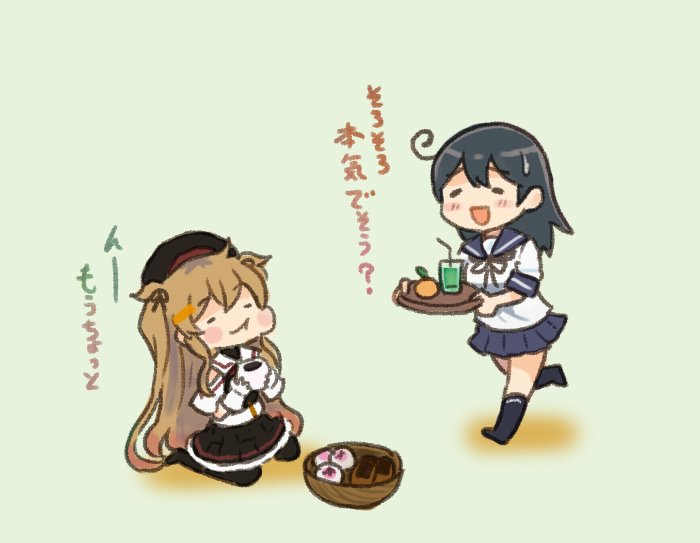 2girls ahoge beret black_hair blush_stickers brown_hair chibi closed_eyes comic commentary_request detached_sleeves eating food fruit glass gloves gradient gradient_background hat holding holding_tray kantai_collection long_hair mandarin_orange multiple_girls murasame_(kantai_collection) open_mouth otoufu pantyhose pleated_skirt remodel_(kantai_collection) school_uniform serafuku shadow short_sleeves sitting skirt smile standing translation_request tray ushio_(kantai_collection) wariza