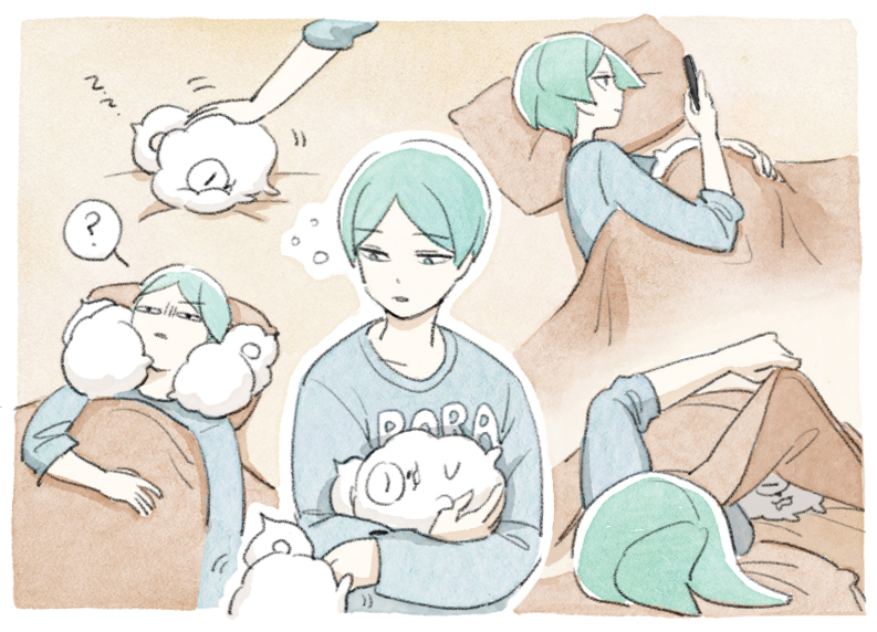 1other alternate_costume androgynous animal aqua_eyes aqua_hair blanket cellphone contemporary dog eyebrows_visible_through_hair green_eyes green_hair houseki_no_kuni lying mydeerwitch on_back on_side phone phosphophyllite pillow shiro_(houseki_no_kuni) short_hair sleeping smartphone