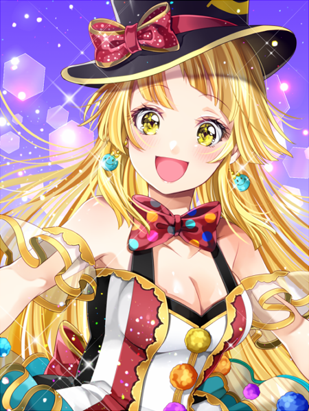 1girl back_bow bang_dream! bangs black_hat blonde_hair blurry bokeh bow bowtie breasts cleavage depth_of_field detached_sleeves dress earrings frilled_sleeves frills hat hat_ribbon ito22oji jewelry long_hair looking_at_viewer medium_breasts polka_dot_neckwear pom_pom_(clothes) red_bow red_neckwear red_ribbon ribbon short_sleeves smiley_face solo sparkle top_hat tsurumaki_kokoro upper_body yellow_eyes