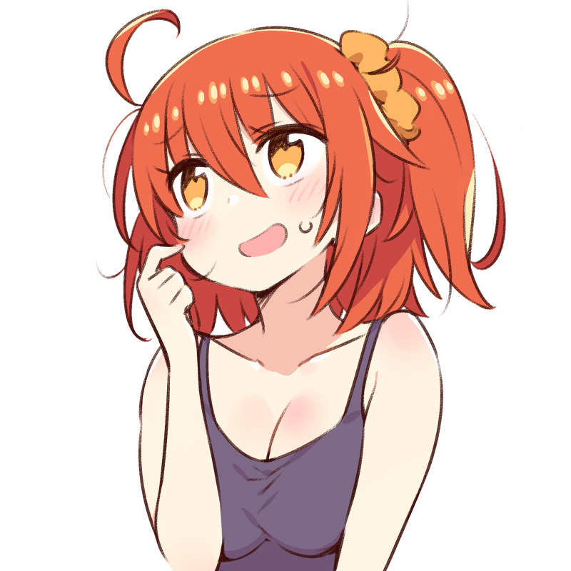 1girl ahoge bare_shoulders blush breasts camisole chan_co commentary embarrassed eyebrows_visible_through_hair fate/grand_order fate_(series) fujimaru_ritsuka_(female) hair_between_eyes hand_up index_finger_raised looking_away looking_up medium_breasts messy_hair one_side_up open_mouth orange_eyes orange_scrunchie purple_camisole scrunchie simple_background solo sweatdrop upper_body white_background