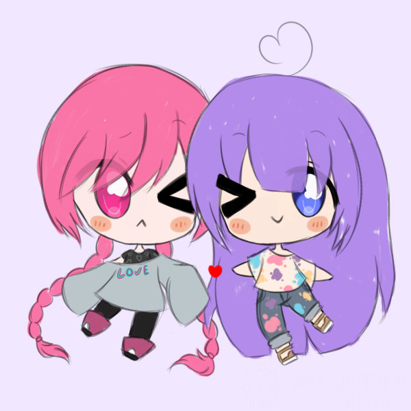 2girls :&lt; ahoge blue_eyes blush boots braids c: chibi couple fiora_greigh_(sinamuna) heart long_hair original oversized_clothes oversized_shirt paint_on_clothes paint_splatter pink_eyes pink_hair purple_hair romilly_maris_(sinamuna) sandals sinamuna sleeves_past_wrists tsundere twin_braids twintails wink