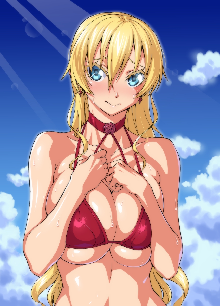 1girl bare_shoulders blonde_hair blue_eyes blush breasts claire_harvey cleavage clouds cloudy_sky earrings hair_between_eyes highres hundred jewelry large_breasts long_hair looking_at_viewer ozaneko red_bikini_top sky solo upper_body
