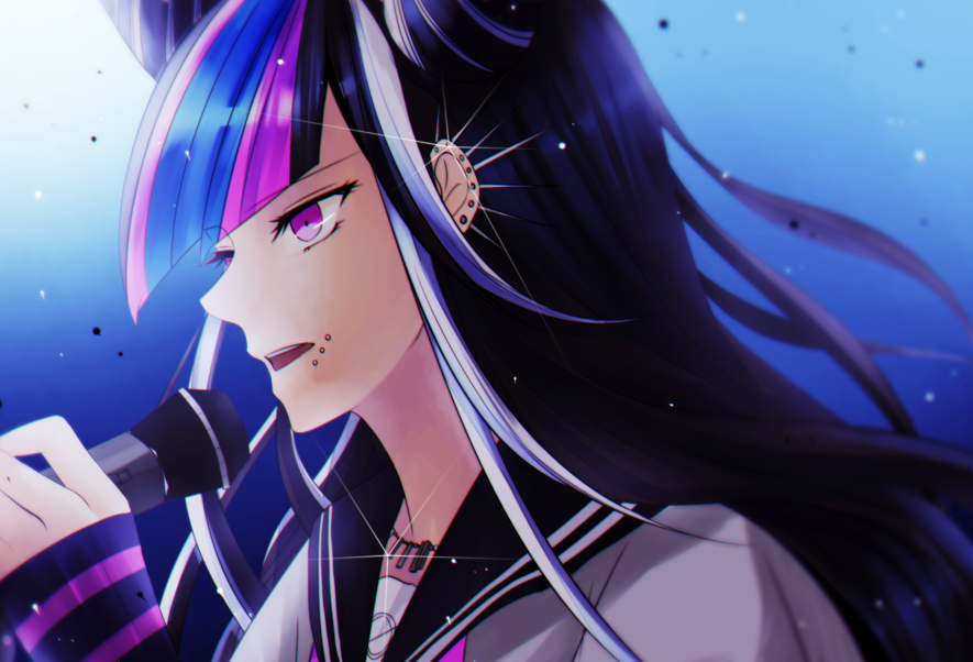 1girl black_hair black_sailor_collar chin_piercing dangan_ronpa ear_piercing floating_hair fndpfeb3014 from_side highlights holding holding_microphone jewelry long_hair microphone mioda_ibuki multicolored_hair music necklace open_mouth piercing portrait sailor_collar shirt singing solo sparkle striped_sleeves super_dangan_ronpa_2 tied_hair very_long_hair violet_eyes white_shirt