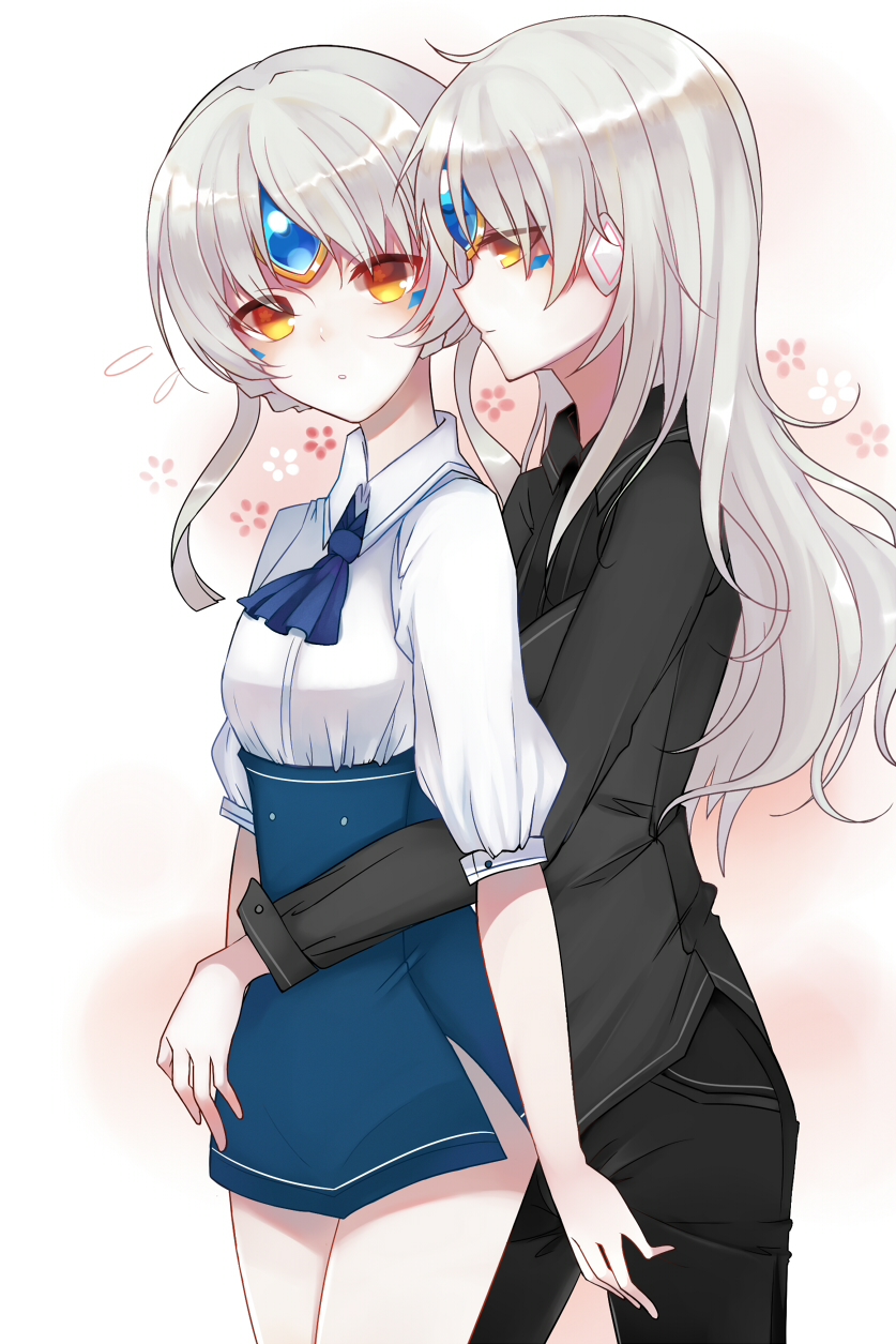 2girls ascot black_jacket black_pants blue_neckwear blue_skirt cowboy_shot dress_shirt egg_(rxlal) elsword eve_(elsword) floating_hair high-waist_skirt highres hug hug_from_behind jacket long_hair long_sleeves meme_attire multiple_girls pants shiny shiny_hair shirt side_slit silver_hair skirt standing virgin_killer_outfit white_background white_shirt yellow_eyes