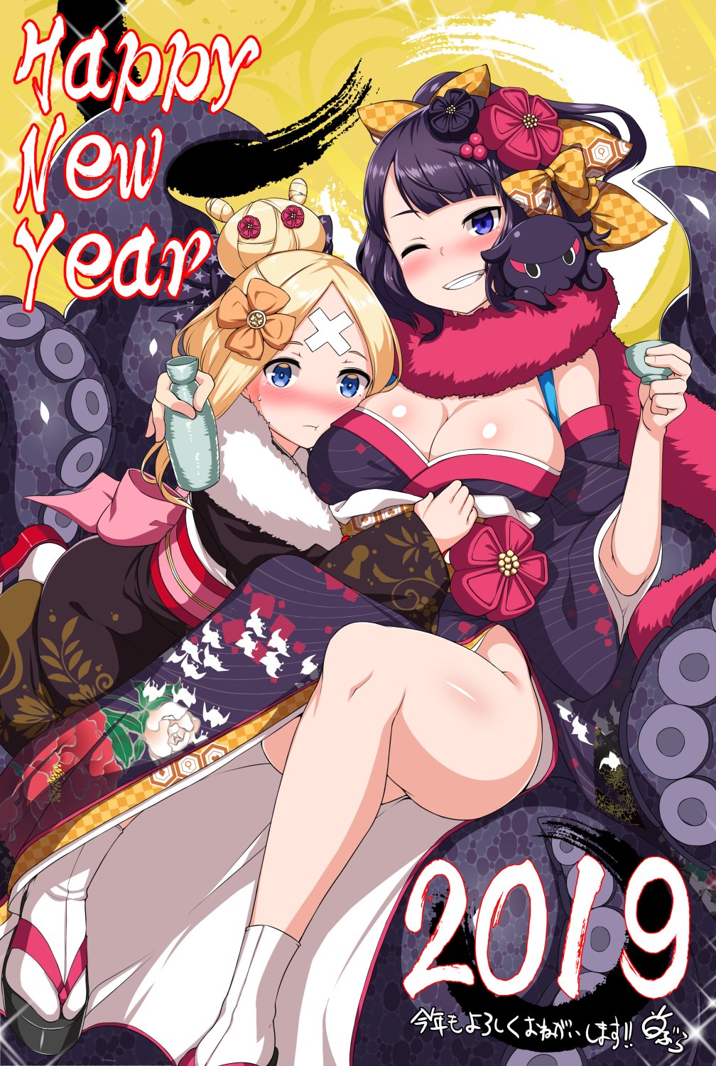 2019 abigail_williams_(fate/grand_order) bandaid_on_forehead bangs bare_shoulders black_kimono blonde_hair blue_eyes blush bottle breasts cleavage closed_mouth crossed_bandaids cup fate/grand_order fate_(series) flower forehead fur_collar fur_trim grin hair_bun hair_flower hair_ornament hairpin happy_new_year highres hitotsuki_nebura japanese_clothes katsushika_hokusai_(fate/grand_order) kimono large_breasts legs long_hair long_sleeves looking_at_viewer new_year obi octopus off_shoulder one_eye_closed parted_bangs purple_hair purple_kimono sake_bottle sandals sash smile socks tentacle thighs translated wide_sleeves