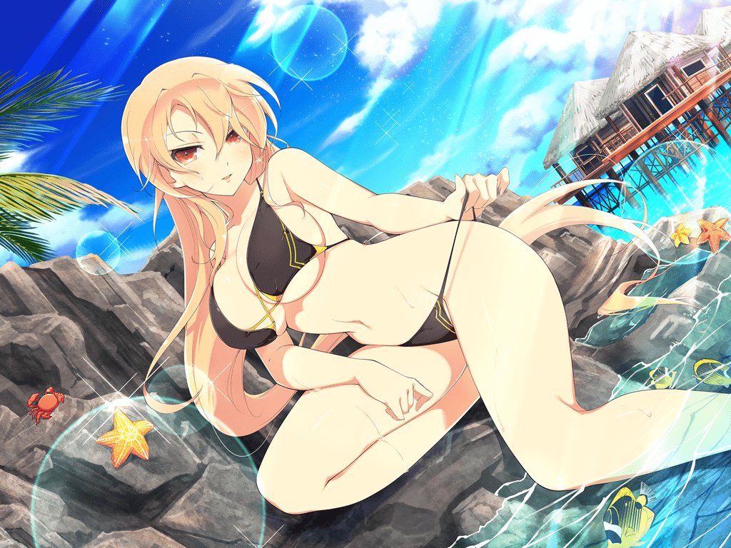 1girl bikini black_bikini blonde_hair blush breasts crab day fish large_breasts long_hair looking_at_viewer navel ocean official_art palm_leaf parted_lips red_eyes senran_kagura senran_kagura_new_link solo souji_(senran_kagura) starfish swimsuit very_long_hair water wet yaegashi_nan