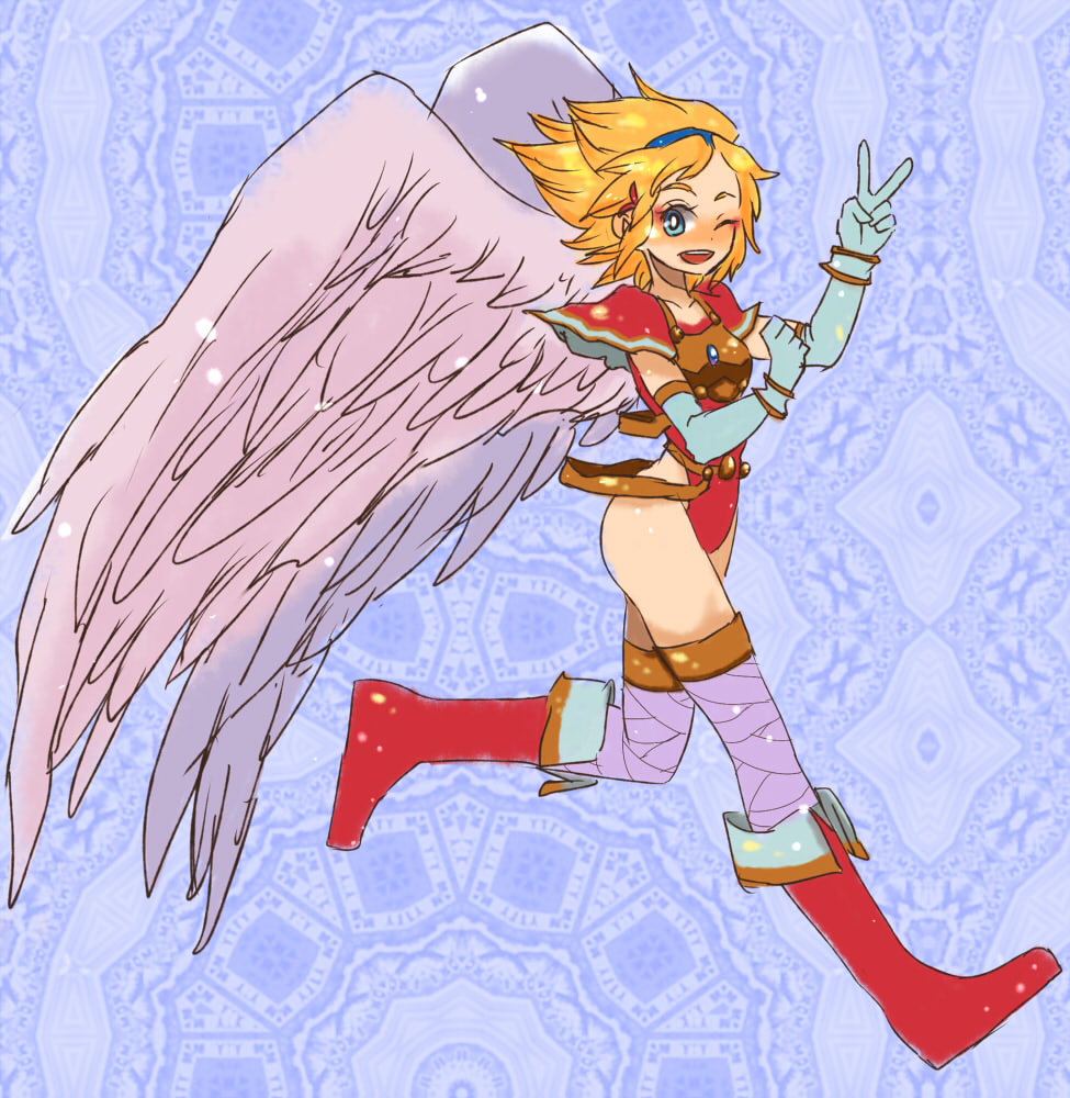 1girl angel_wings armor ass blonde_hair blue_eyes boots breastplate breasts breath_of_fire breath_of_fire_i commentary_request gloves hairband hota_(29812) leotard nina_(breath_of_fire_i) red_leotard short_hair smile solo thigh-highs white_wings wings