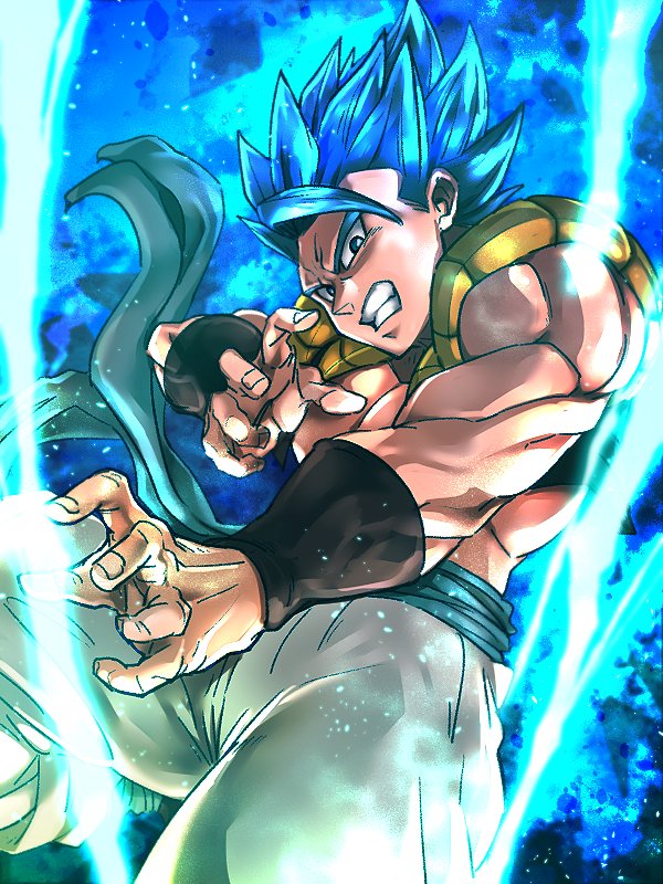 1boy blue_eyes blue_hair dragon_ball dragon_ball_super_broly fighting_stance fingernails floating_clothes frown gogeta male_focus muscle pants short_hair spiky_hair st62svnexilf2p9 super_saiyan_blue teeth waistcoat white_pants