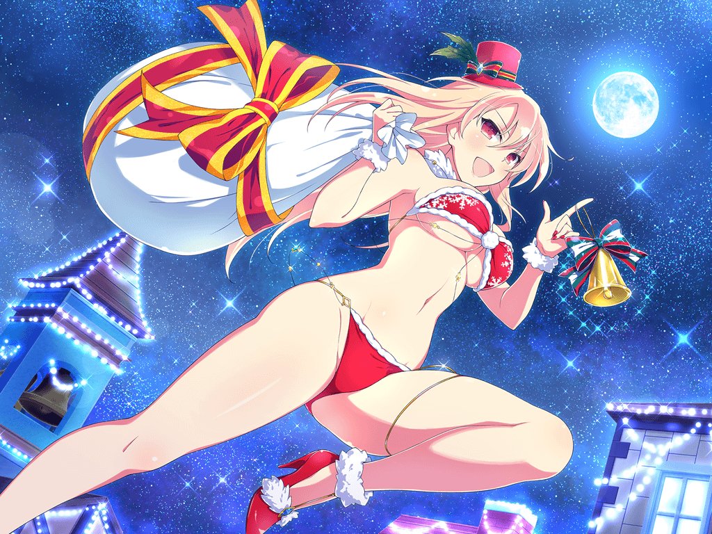 1girl bell bikini blonde_hair blush bow breasts christmas christmas_lights fur-trimmed_bikini fur_trim hat high_heels large_bow large_breasts long_hair looking_at_viewer moon nail_polish navel night night_sky official_art open_mouth red_bikini red_eyes red_footwear red_nails sack santa_bikini senran_kagura senran_kagura_new_link sky smile solo souji_(senran_kagura) star_(sky) starry_sky swimsuit under_boob yaegashi_nan