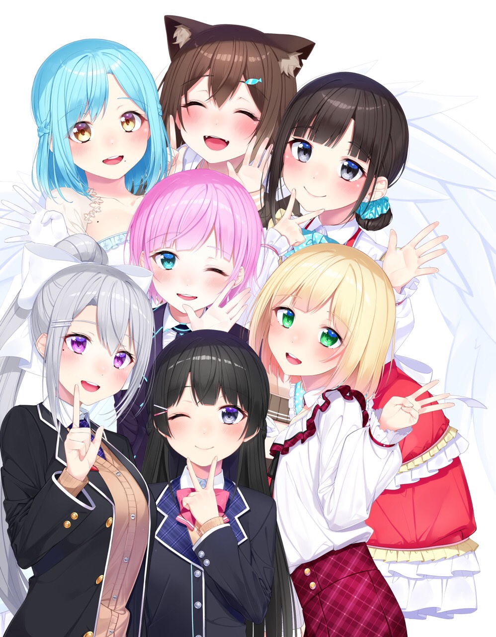 1boy 6+girls angel_wings animal_ears bare_shoulders black_hair black_jacket blonde_hair blue_eyes blush bow bowtie braid breasts brown_hair buttons cardigan cat_ears closed_eyes closed_mouth collarbone collared_shirt commentary detached_collar dress eyebrows_visible_through_hair fangs french_braid frills fumino_tamaki gloves green_eyes grey_eyes hair_ornament hair_scrunchie hand_up highres higuchi_kaede index_finger_raised jacket light_blue_hair long_dress long_sleeves moira_(nijisanji) mole mole_on_breast mole_under_eye mole_under_mouth multiple_girls nezumidoshi nijisanji one_eye_closed open_clothes open_jacket open_mouth pink_hair red_dress round_teeth school_uniform scrunchie see-through shirt short_hair sidelocks silver_hair smile suzuka_utako suzuya_aki teeth tied_hair trap tsukino_mito v violet_eyes virtual_youtuber white_dress white_gloves wings yellow_eyes yuuhi_riri