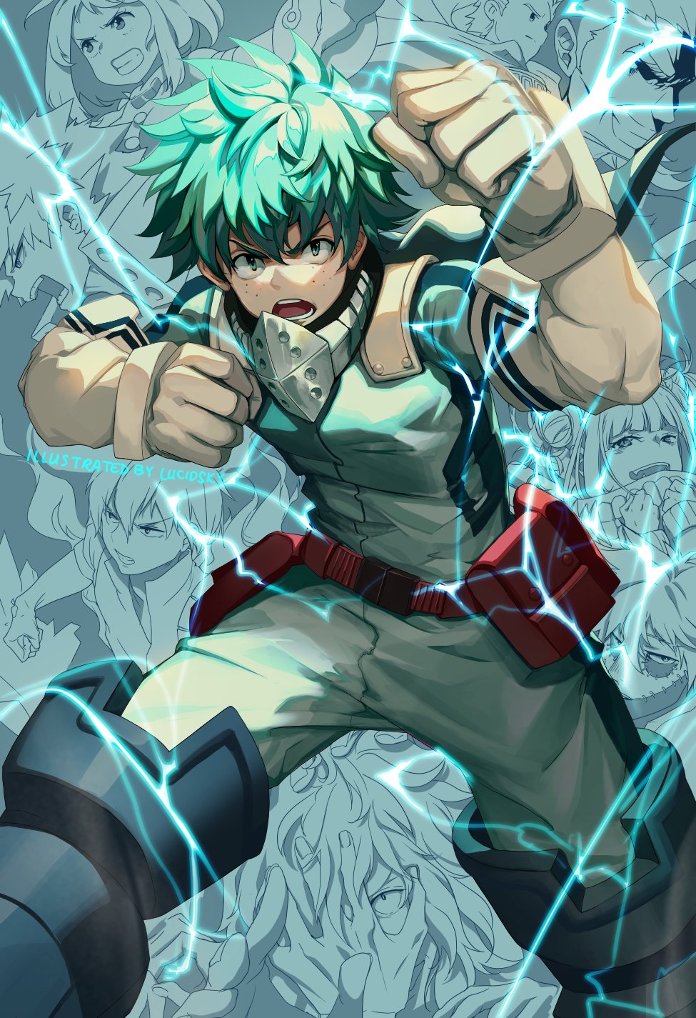 1boy all_might bakugou_katsuki belt bodysuit boku_no_hero_academia character_request clenched_hands commentary dabi_(boku_no_hero_academia) electricity english_commentary freckles gloves green_background green_bodysuit green_eyes green_hair highres looking_at_viewer messy_hair midoriya_izuku open_mouth red_belt shigaraki_tomura spiky_hair todoroki_shouto toga_himiko uraraka_ochako white_gloves yume_ou