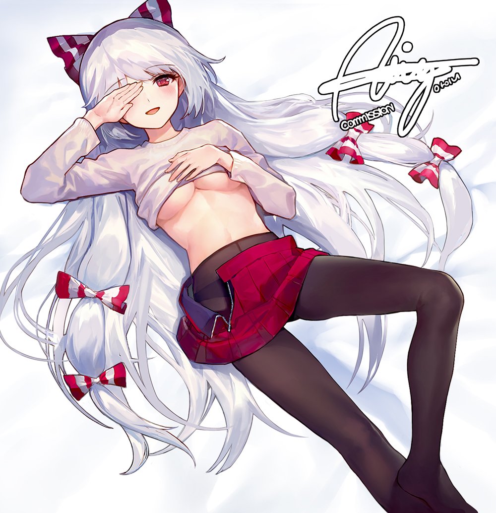 1girl ainy77 bangs bed_sheet black_legwear black_panties bow breasts commentary_request commission fujiwara_no_mokou hair_bow knee_up korean_commentary long_hair looking_at_viewer lying medium_breasts miniskirt no_bra on_back one_eye_covered open_mouth panties panties_under_pantyhose pantyhose red_eyes red_skirt shirt shirt_lift skirt smile solo touhou under_boob underwear unzipped very_long_hair white_background white_bow white_hair white_shirt