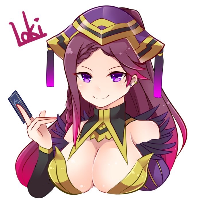 1girl bare_shoulders black_wings braid breasts card character_name cleavage detached_collar detached_sleeves ear_piercing earrings feather_trim fire_emblem fire_emblem_cipher fire_emblem_heroes gradient_hair hat heart holding holding_card jewelry large_breasts loki_(fire_emblem) long_hair looking_at_viewer multicolored_hair nintendo piercing purple_hair sakumado simple_background smile solo strapless upper_body violet_eyes white_background wings