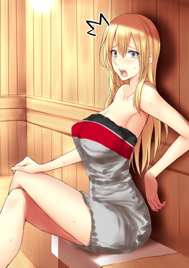 /\/\/\ 1girl bismarck_(kantai_collection) blonde_hair blue_eyes breasts eyebrows_visible_through_hair hair_between_eyes kantai_collection kuurunaitsu large_breasts long_hair looking_at_viewer naked_towel open_mouth sauna sitting solo towel