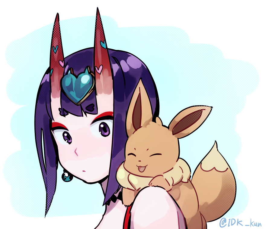 1girl :d bangs blue_background closed_eyes closed_mouth commentary_request creatures_(company) crossover earrings eevee eyebrows_visible_through_hair eyeshadow facing_viewer fate/grand_order fate_(series) from_side game_freak gen_1_pokemon horns idk-kun jewelry makeup nintendo oni open_mouth pokemon pokemon_(creature) purple_hair seiyuu_connection short_eyebrows short_hair shuten_douji_(fate/grand_order) smile thick_eyebrows twitter_username type-moon violet_eyes yuuki_aoi
