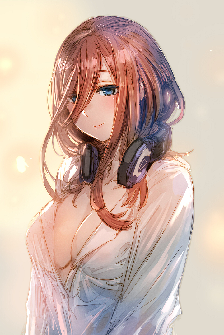 1girl blue_eyes blush bow_(bhp) breasts brown_hair cleavage closed_mouth colored_eyelashes commentary_request dress_shirt eyes_visible_through_hair go-toubun_no_hanayome gradient gradient_background hair_over_one_eye headphones headphones_around_neck large_breasts long_hair looking_at_viewer nakano_miku no_bra partially_unbuttoned shirt sketch smile solo upper_body white_shirt