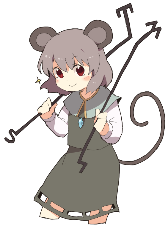 1girl animal_ears bangs blush capelet closed_mouth dokan_(dkn) dowsing_rod eyebrows_visible_through_hair grey_hair hair_between_eyes holding jewelry long_sleeves looking_at_viewer mouse_ears mouse_tail nazrin necklace pendant red_eyes short_hair simple_background skirt smile solo sparkle tail touhou white_background