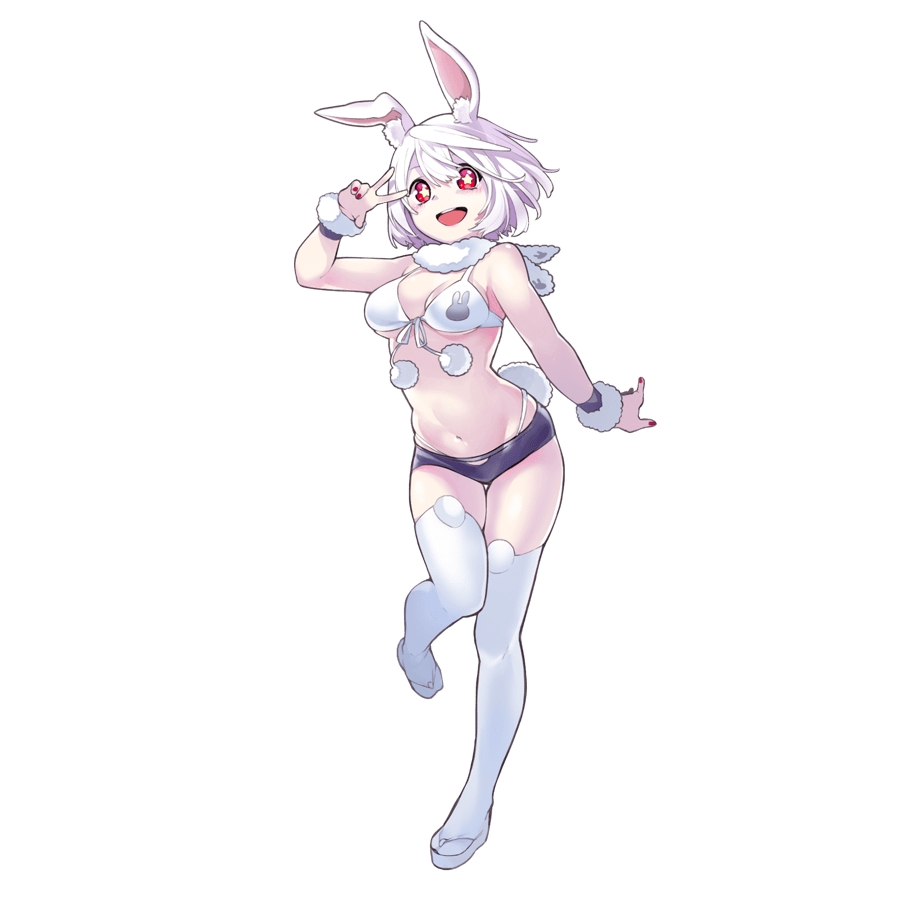 1girl animal_ears animal_print bikini bunny_print full_body nail_polish navel official_art open_mouth rabbit_ears red_eyes sandals short_hair simple_background solo star star-shaped_pupils swimsuit symbol-shaped_pupils thigh-highs v white_background white_hair white_legwear youkai_hyakki-tan!