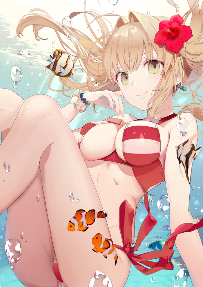 1girl ahoge air_bubble bangs bead_bracelet beads bikini blonde_hair bracelet breasts bubble cleavage closed_mouth clownfish commentary_request criss-cross_halter earrings eyebrows_visible_through_hair fate/grand_order fate_(series) fish floating_hair flower hair_between_eyes hair_flower hair_ornament halterneck jewelry light_rays looking_at_viewer medium_breasts medium_hair nero_claudius_(fate) nero_claudius_(fate)_(all) nero_claudius_(swimsuit_caster)_(fate) red_bikini side-tie_bikini smile solo striped striped_bikini submerged sunlight swimsuit underwater water yellow_eyes yukisame