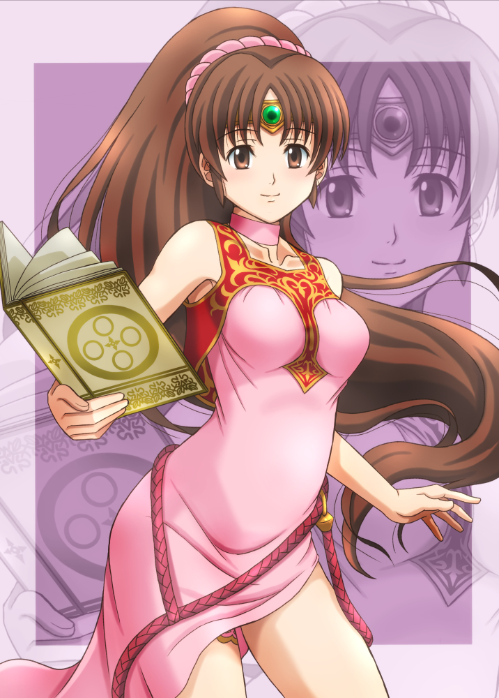 1girl book breasts brown_eyes brown_hair circlet collarbone commentary_request dress fire_emblem fire_emblem:_mystery_of_the_emblem fire_emblem:_shin_monshou_no_nazo fujii_satoshi hair_ornament hair_scrunchie holding holding_book intelligent_systems light_blush light_smile linda_(fire_emblem) long_dress long_hair looking_at_viewer medium_breasts nintendo pink_dress pink_scrunchie ponytail scrunchie side_slit solo very_long_hair zoom_layer