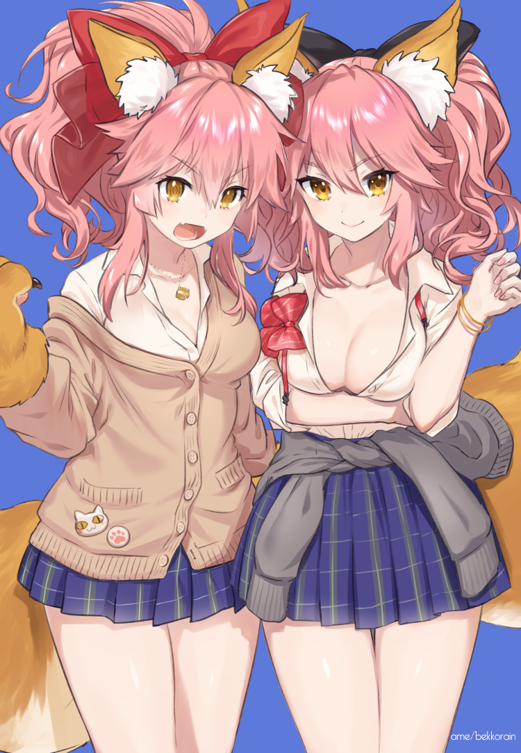 animal_ear_fluff animal_ears arm_under_breasts bangs beige_sweater black_bow blue_background blue_skirt bow bracelet breasts cat_paws cleavage closed_mouth clothes_around_waist collarbone dress_shirt fate/extra fate/grand_order fate_(series) fox_ears fox_girl fox_tail gloves hair_between_eyes hair_bow jewelry large_breasts long_hair looking_at_viewer open_mouth paw_gloves paws pink_hair pleated_skirt ponytail red_bow shirt sidelocks simple_background skirt smile tail tamamo_(fate)_(all) tamamo_cat_(fate) tamamo_no_mae_(fate) thighs tranquil-lizer twintails yellow_eyes