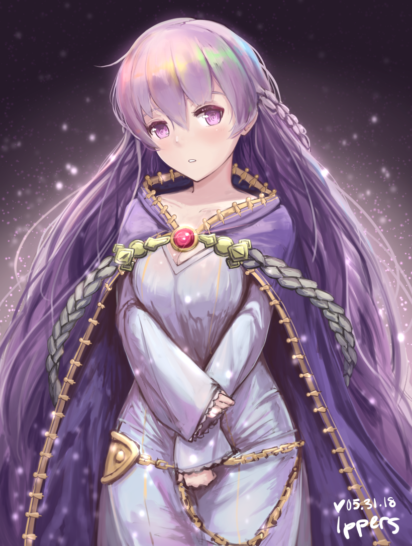 1girl belly_chain blush braid breasts cape cleavage cloak collarbone cowboy_shot dress fire_emblem fire_emblem:_fuuin_no_tsurugi head_tilt ippers jewelry light_blush long_hair looking_at_viewer medium_breasts nintendo open_mouth purple_cape purple_hair side_braid snow sofiya solo very_long_hair violet_eyes