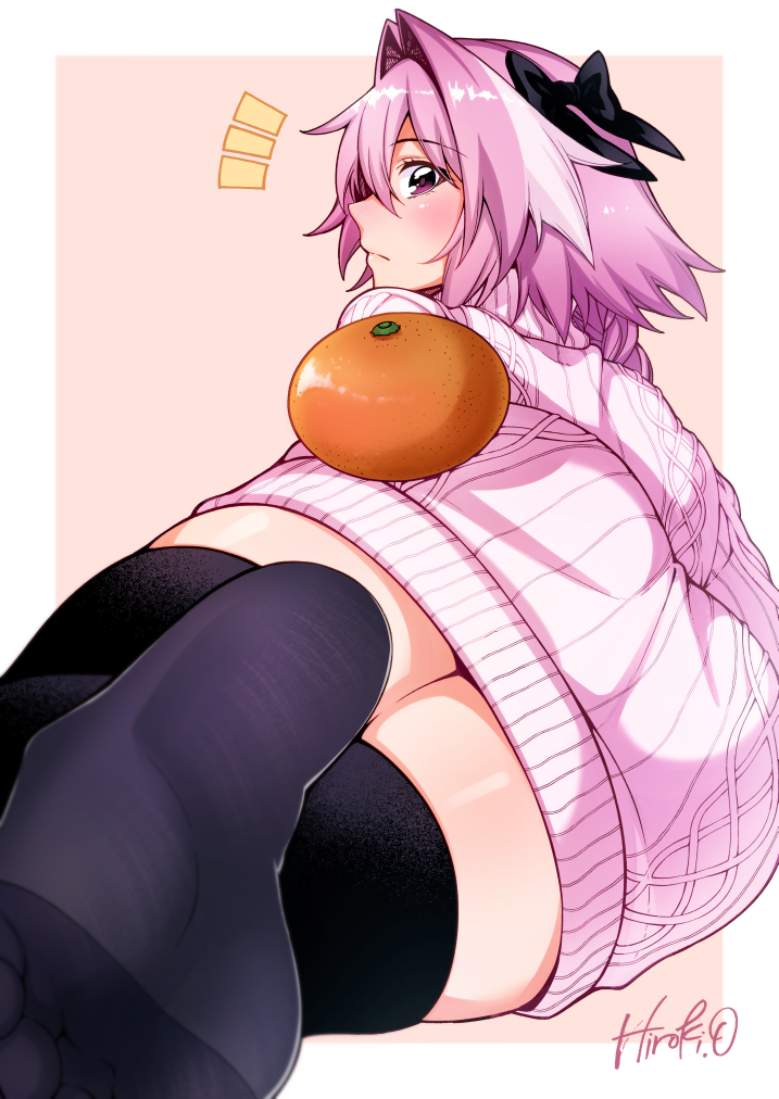 /\/\/\ 1boy alternate_costume ass astolfo_(fate) bangs black_bow black_legwear blush bow closed_mouth commentary_request dress fate/grand_order fate_(series) food from_behind frown fruit hair_between_eyes hair_bow hair_intakes long_hair looking_at_viewer looking_back lying male_focus mandarin_orange multicolored_hair no_shoes ohara_hiroki on_side pink_background pink_hair pink_sweater signature simple_background soles solo streaked_hair sweater sweater_dress thigh-highs trap turtleneck turtleneck_sweater violet_eyes white_hair