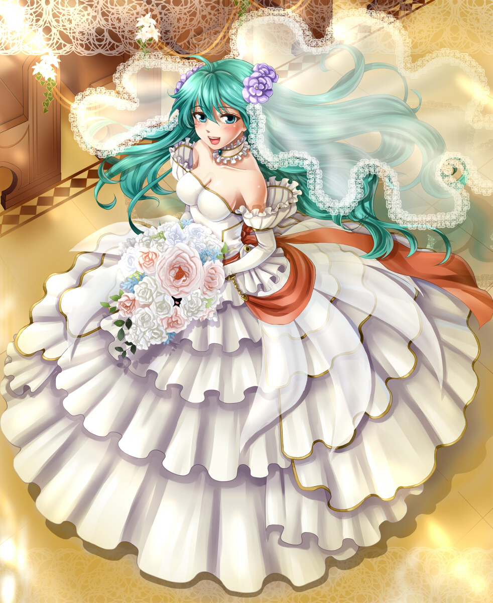 1girl :d blush bouquet breasts bridal_veil bride cleavage commentary_request dress eirika elbow_gloves fire_emblem fire_emblem:_kakusei fire_emblem:_seima_no_kouseki flower frilled_dress frills from_above gloves hair_flower hair_ornament highres holding holding_bouquet long_dress looking_at_viewer looking_up medium_breasts nintendo open_mouth smile solo strapless strapless_dress veil wedding_dress white_dress white_gloves yuino_(fancy_party)