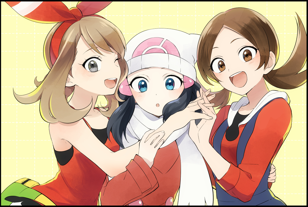 3girls ;d all_fours bangs black_hair bow brown_eyes brown_hair coat collarbone creatures_(company) floating_hair game_freak grey_eyes hair_bow hairband hand_holding hand_on_another's_hip haruka_(pokemon) hat hikari_(pokemon) interlocked_fingers kotone_(pokemon) long_hair long_sleeves multiple_girls nintendo no_hands one_eye_closed open_mouth parted_bangs poke_ball_print pokemon print_hat red_bow red_coat red_hairband red_shirt scarf shirt sleeveless sleeveless_shirt smile twintails upper_body white_hat white_scarf winter_clothes winter_coat yellow_background yukin_(es)