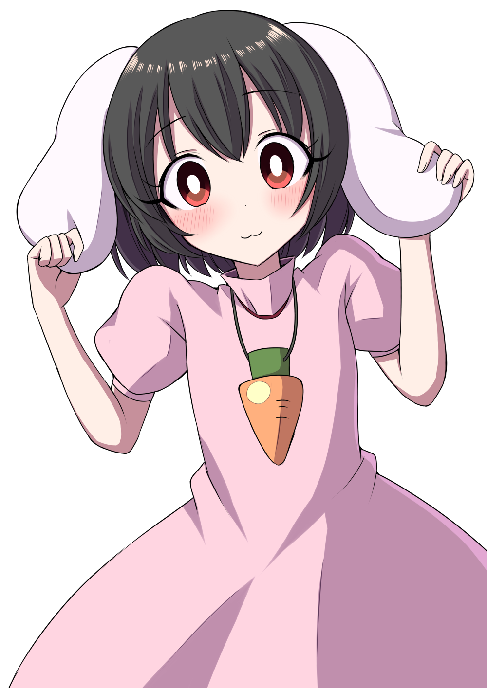 1girl :3 animal_ears arms_up bangs black_hair blush bright_pupils carrot_necklace cowboy_shot dress ear_grab eyebrows_visible_through_hair hair_between_eyes head_tilt high_collar highres inaba_tewi leaning_over pink_dress puffy_short_sleeves puffy_sleeves rabbit_ears red_eyes shiny shiny_hair short_hair short_sleeves simple_background solo touhou tsukimirin white_background white_pupils