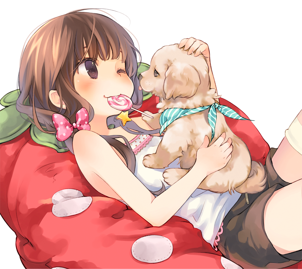 1girl bandanna bangs bare_arms bare_shoulders blush bow boyshorts brown_eyes brown_hair brown_shorts camisole candy dog food from_side hair_bow hair_over_shoulder kuga_tsukasa lollipop long_hair lying mouth_hold on_back one_eye_closed original pillow pink_bow shorts simple_background smile solo sparkling_eyes thigh-highs white_background