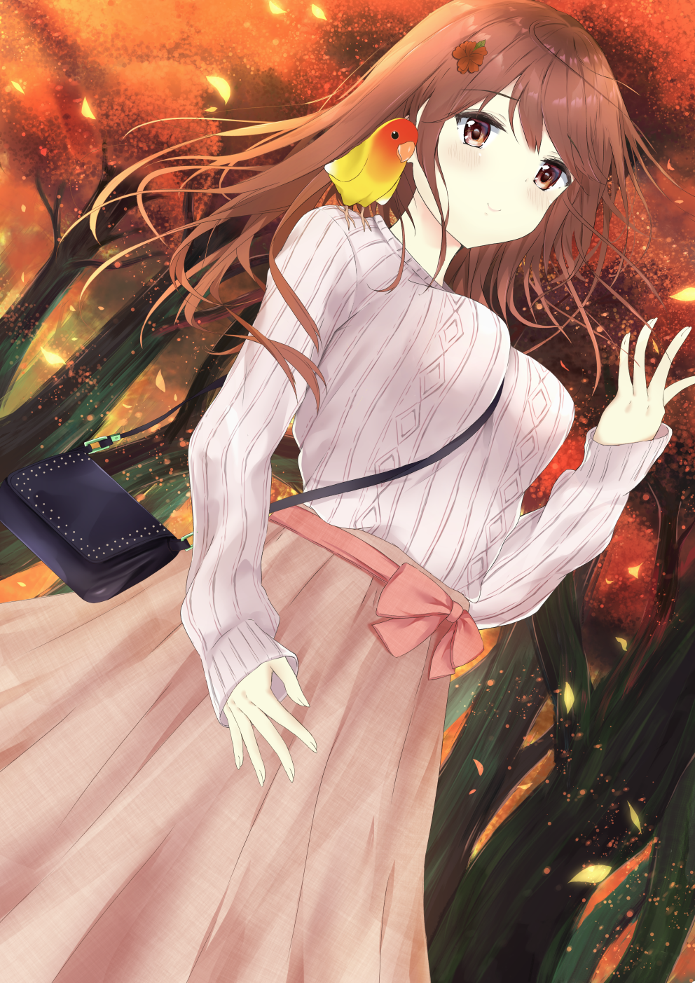 1girl 7_calpis_7 animal animal_on_shoulder aran_sweater autumn_leaves bag bird_on_shoulder blush brown_eyes brown_hair brown_skirt closed_mouth commentary_request day fingernails flower forest hair_flower hair_ornament hand_up handbag highres long_hair long_sleeves nature original outdoors red_flower shoulder_bag skirt sleeves_past_wrists smile solo sweater tree white_sweater