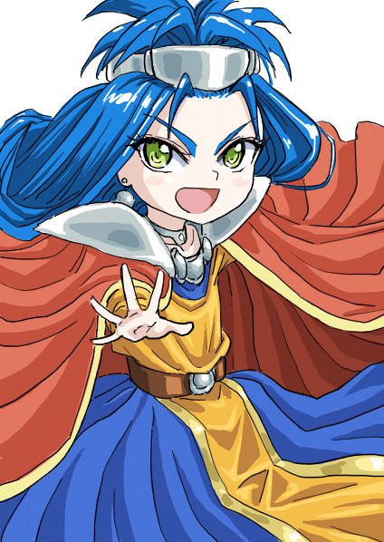 1girl belt big_hair blue_hair cape chrono_trigger commentary_request dress earrings flat_chest jewelry long_hair open_mouth queen_zeal s-a-murai smile solo younger