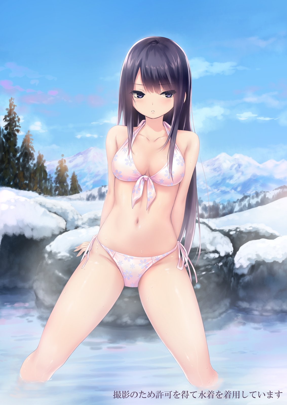 1girl arm_support arms_behind_back bangs bare_shoulders bikini black_hair blue_sky blush breasts clouds coffee-kizoku collarbone commentary_request day eyebrows_visible_through_hair grey_eyes highres long_hair looking_to_the_side medium_breasts mountain navel original outdoors parted_lips pine_tree rock shiny shiny_hair shiny_skin shiramine_rika side-tie_bikini sitting sky snow snowflake_print snowflakes solo steam swimsuit tree wading water