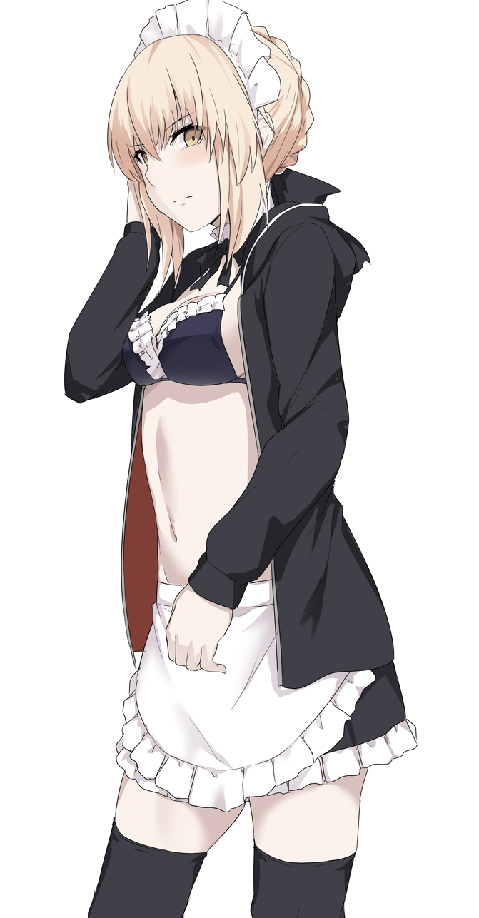 1girl apron arm_up artoria_pendragon_(all) artoria_pendragon_(swimsuit_rider_alter) bangs bikini black_bikini black_jacket black_legwear black_neckwear black_ribbon blonde_hair blush braid breasts cleavage closed_mouth commentary_request eyebrows_visible_through_hair fate/grand_order fate_(series) feet_out_of_frame frills from_side hand_in_hair highres jacket looking_at_viewer maid_bikini maid_headdress medium_breasts navel open_eyes ribbon shiseki_hirame short_hair simple_background solo swimsuit thigh-highs white_apron white_background yellow_eyes