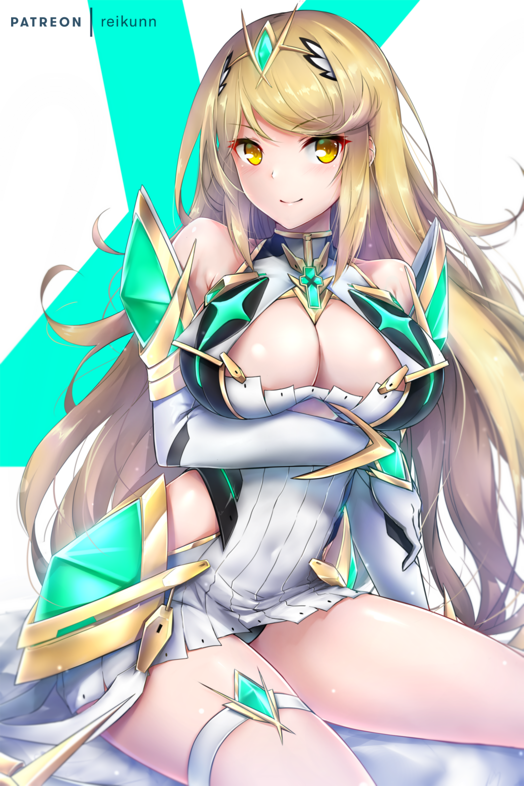 1girl arm_under_breasts armor armored_dress armpit_crease bangs bare_shoulders blonde_hair blush breasts circlet cleavage covered_navel dress earrings emerald_(gemstone) gloves highres mythra_(xenoblade) jewelry large_breasts long_hair looking_at_viewer nintendo patreon_username rei_kun shiny shiny_skin sidelocks sitting smile solo swept_bangs thighs tiara xenoblade_(series) xenoblade_2 yellow_eyes