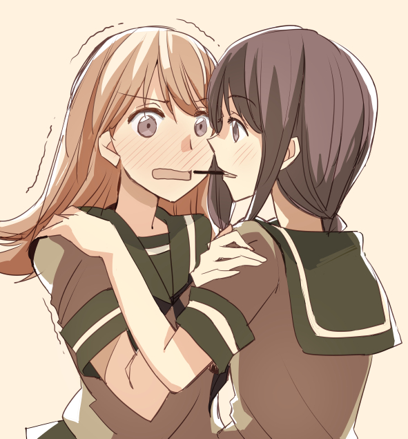 2girls black_hair blush brown_eyes brown_hair face-to-face food hand_on_another's_shoulder kantai_collection kitakami_(kantai_collection) long_hair multiple_girls ooi_(kantai_collection) open_mouth pocky pocky_day pocky_kiss sailor_collar shared_food short_sleeves takamachiya tan_background trembling upper_body yuri