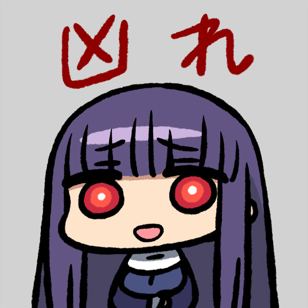 1girl :d asagami_fujino bangs blunt_bangs bright_pupils chan_co character_request chibi commentary dress eyebrows_visible_through_hair grey_background habit kara_no_kyoukai long_hair long_sleeves looking_at_viewer nun open_mouth purple_dress purple_hair red_eyes smile solo standing translation_request upper_body